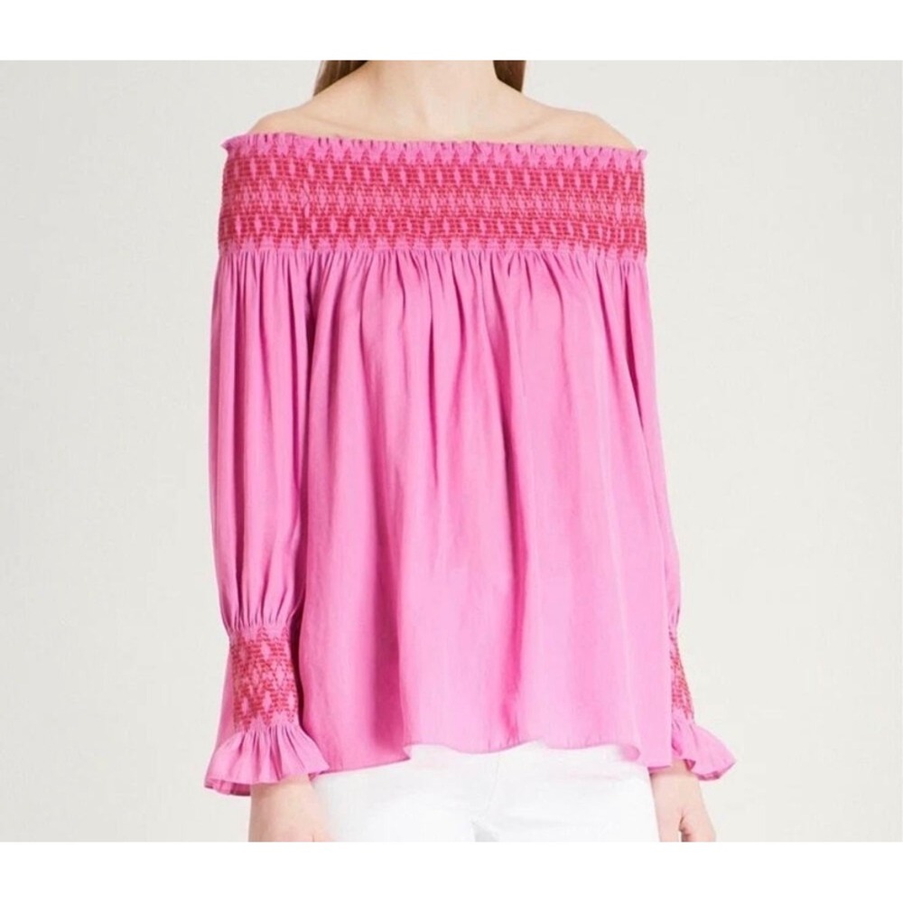 Maje Lofaur Fuchsia Pink Off The Shoulder Smocked Embroidered Blouse E18LOFAUR